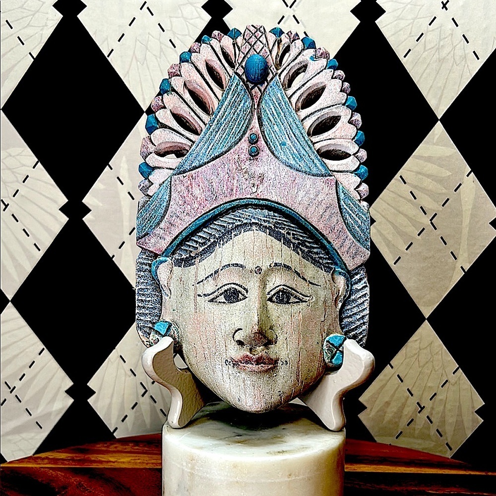 Vintage Handcrafted Balinese Mask – Goddess with Earrings, Stand Included, Wood